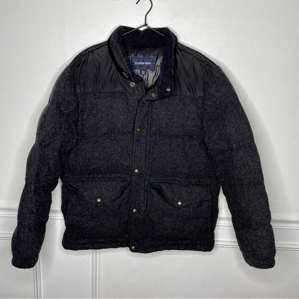 Lands End Grey Wool Down Puffer Jacket Mens L 42-44